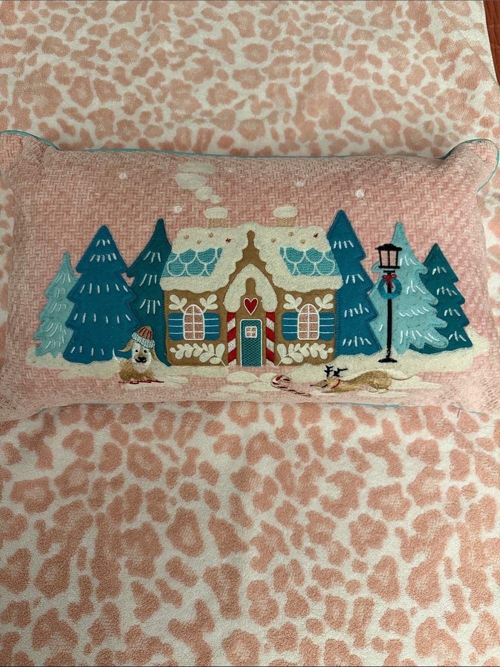 Holiday Gingerbread House Decorative Pillow - Pink